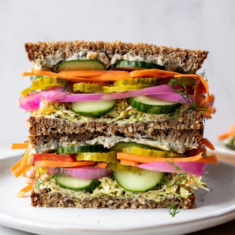 Crunchy dill pickle sandwich brimming with pickles and colorful veggies— a refreshing, easy vegetarian lunch.