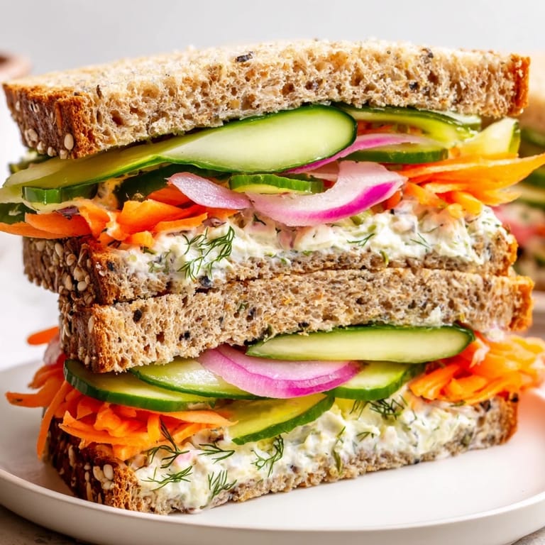 Thickly sliced crunchy dill pickle sandwich ready to eat, boasting layers of creamy fillings and textures.