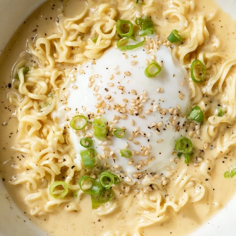 Flavorful Instant Cheese Ramen garnished with green onions and sesame seeds, ready to eat.