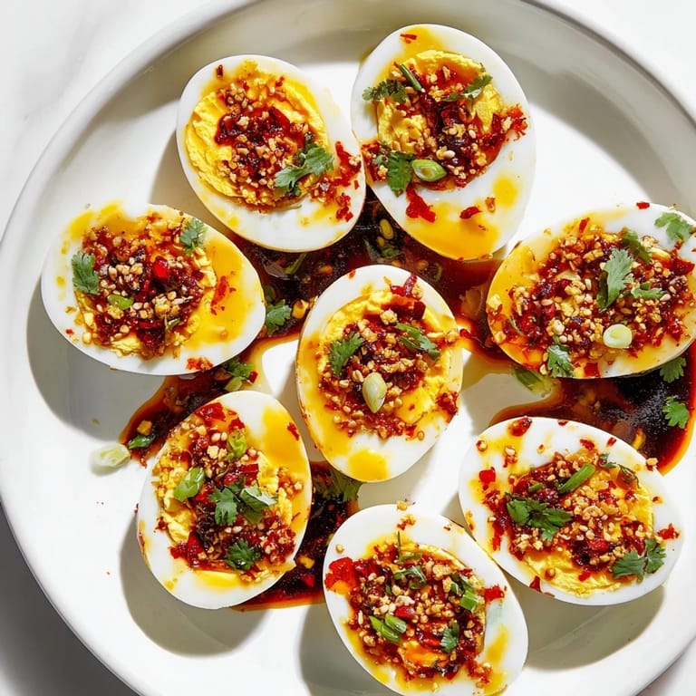 Flavorful Chili Oil Eggs, a vegetarian breakfast featuring a spicy, aromatic chili oil topping.