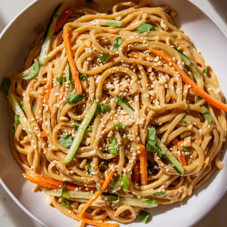 Beautifully plated cold sesame noodles with a drizzle of sesame oil, perfect for a quick, flavorful lunch.