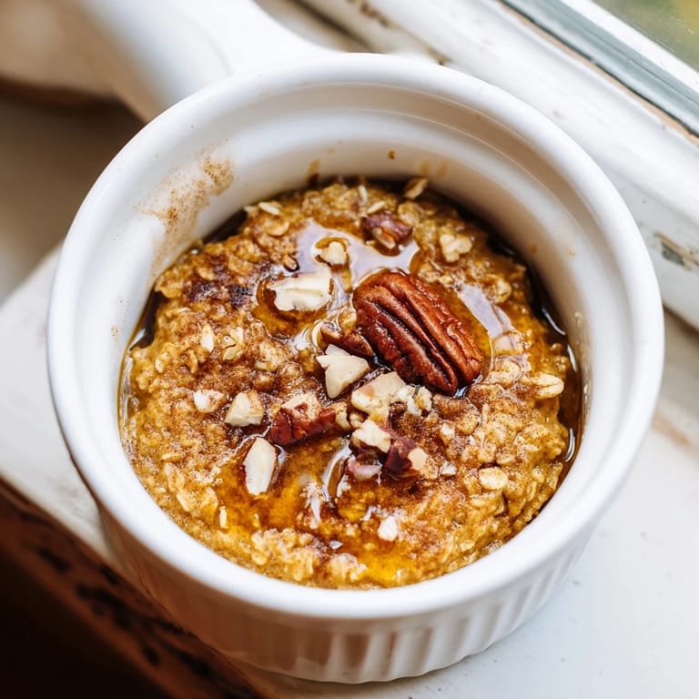 Warm, spiced Pumpkin Spice Baked Oats topped with pecans, ready to enjoy alongside a coffee.