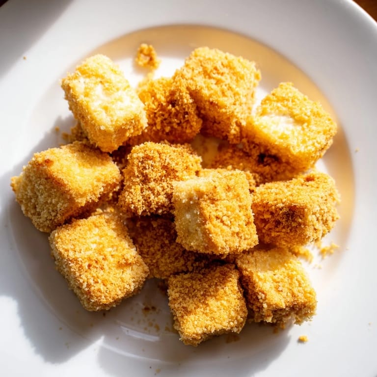 A close-up of freshly fried crispy tofu nuggets showing the delightful, crunchy breadcrumb coating.