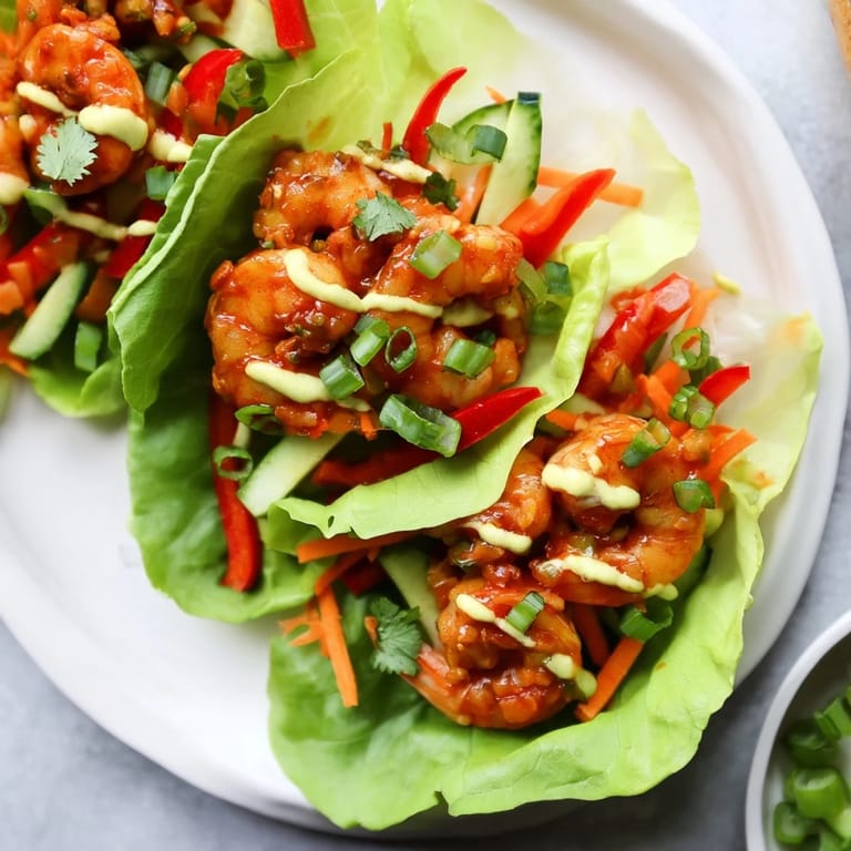 These enticing shrimp lettuce cups showcase perfectly cooked shrimp nestled in crisp lettuce with a tasty sauce drizzle.