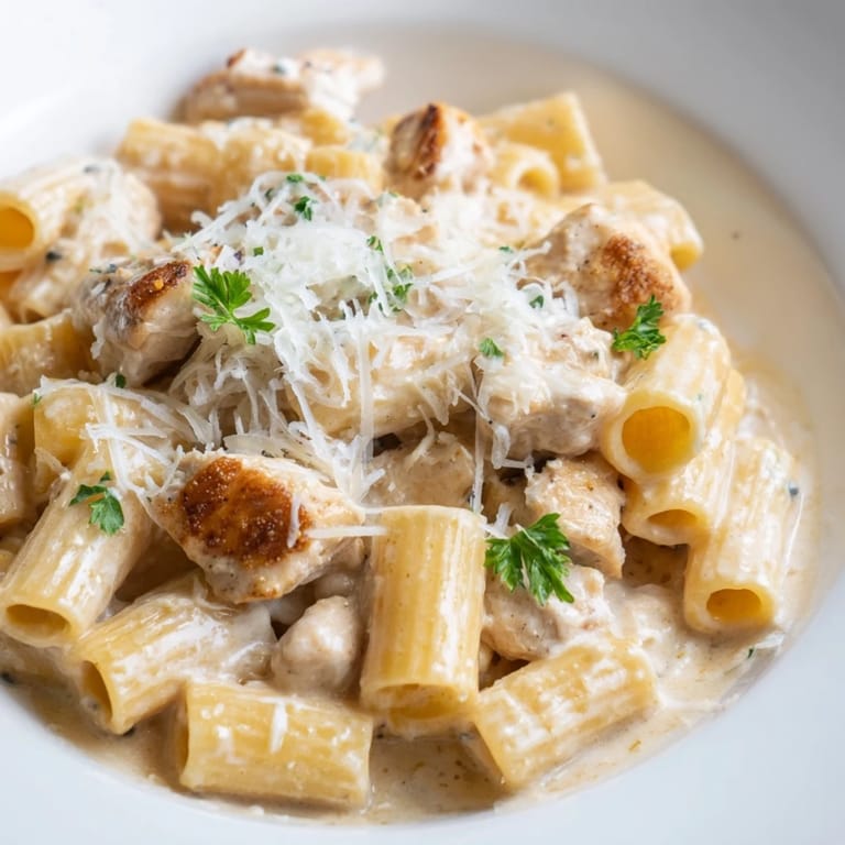Steaming hot Chicken Alfredo Bake fresh from the oven, ready to serve with parsley flakes.