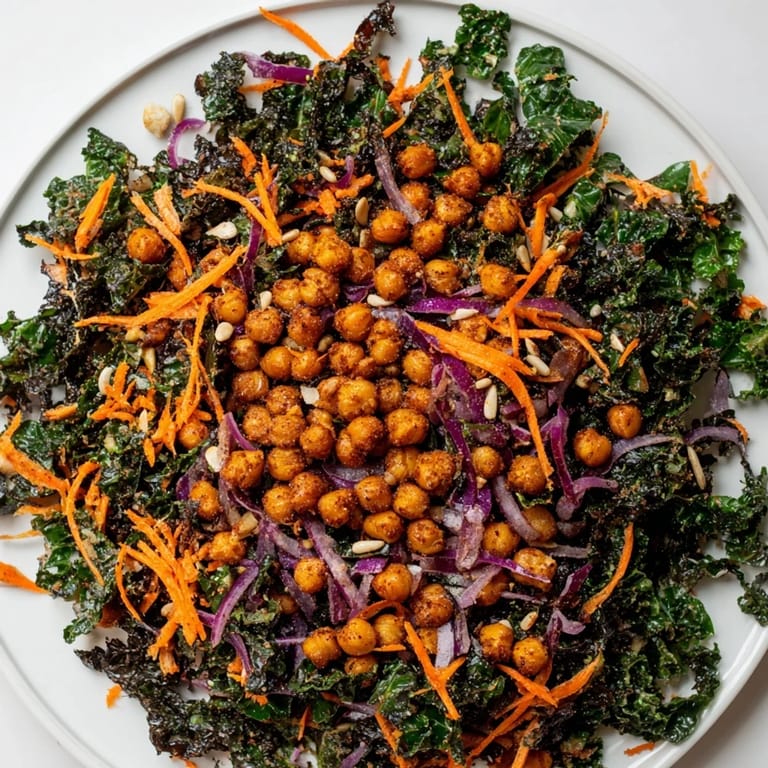 Hearty Kale Salad with Roasted Chickpeas boasting crispy chickpeas atop a bed of fresh, bright greens.