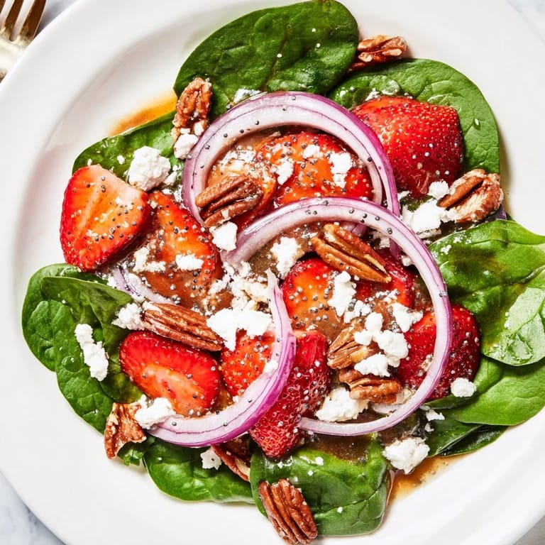 Fresh Spinach Strawberry Salad, a summer delight featuring crisp spinach and a luscious, textured dressing.