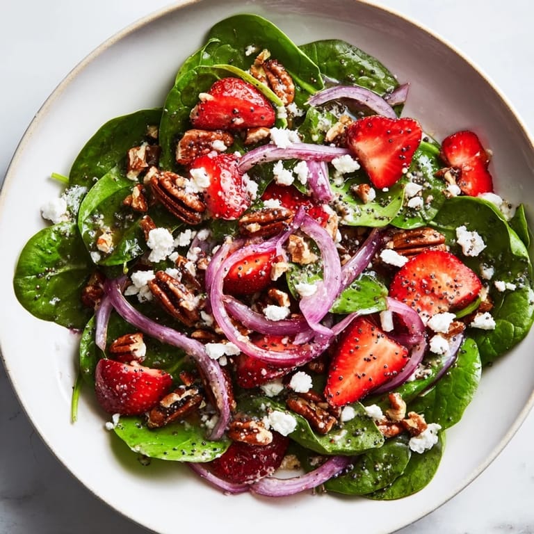 A beautiful bowl of Spinach Strawberry Salad with toasted pecans and a sweet dressing drizzle.