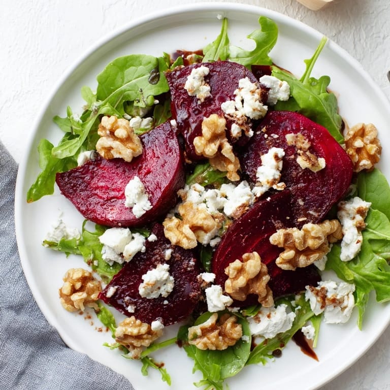 Fresh mixed greens topped with a delicious Beet and Goat Cheese Salad, ready to enjoy.