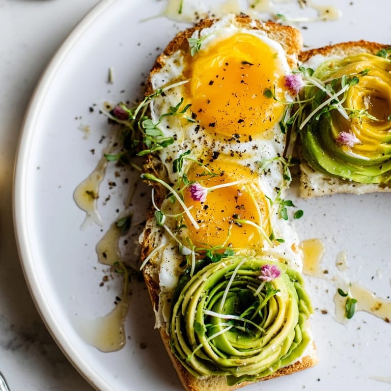 Golden Cloud Toast 2.0 displays soft egg whites with a drizzle of honey and fresh microgreens.