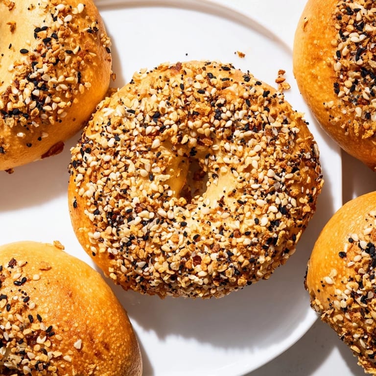 Homemade Everything Bagel Yogurt Bagels, fresh from the oven, offering a delightful chewy texture and flavor.