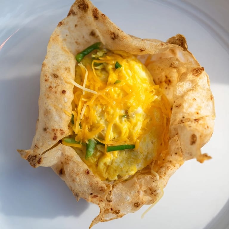 Freshly made Rice Paper Egg & Cheese Fold, golden and folded, served warm with a sprinkle of scallions.