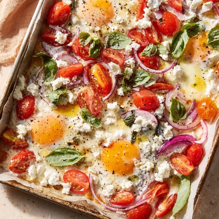 Golden baked Tomato Feta Eggs with roasted tomatoes, perfect for a flavorful breakfast.