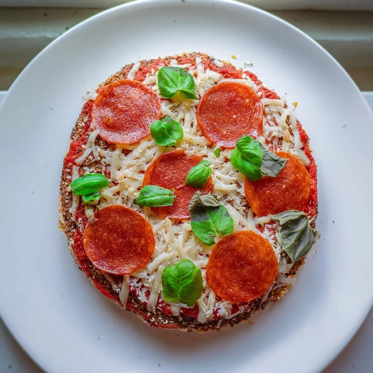 A hearty, flavorful Ground Beef Pizza Base, baked until crisp, and ready to serve with fresh basil.