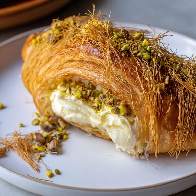 A close-up view of warm, filled pistachio cream croissants; a buttery, nutty treat.