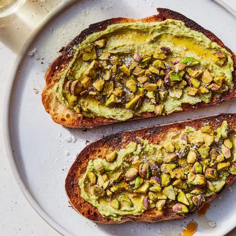 Close-up of creamy Pistachio Butter Toast featuring vibrant green pistachios, a perfect quick breakfast or snack.