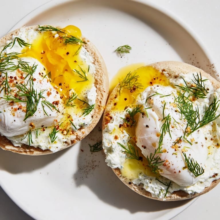 A close-up of a flavorful Çılbır Eggs Benedict, featuring fresh herbs and creamy, spiced yogurt.