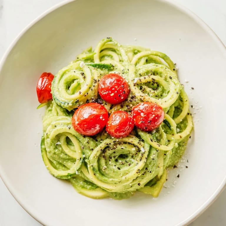 A close-up of sautéed zucchini noodles in a vibrant avocado pesto sauce, perfect for a low-carb vegetarian meal.