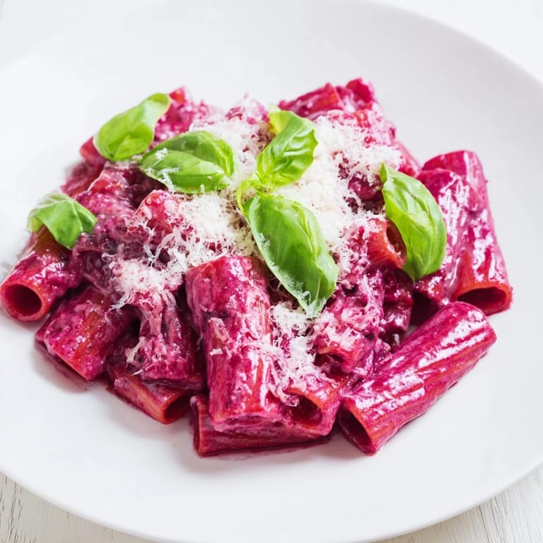 Fresh basil and grated Parmesan garnish this Pink Pasta with Beet Cream, served alongside a glass of white wine.