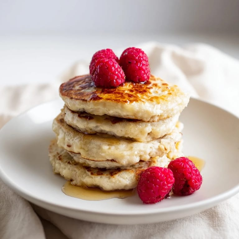 Golden-brown Cottage Cheese Pancakes served on a plate with Greek yogurt, nut butter, and a drizzle of honey.