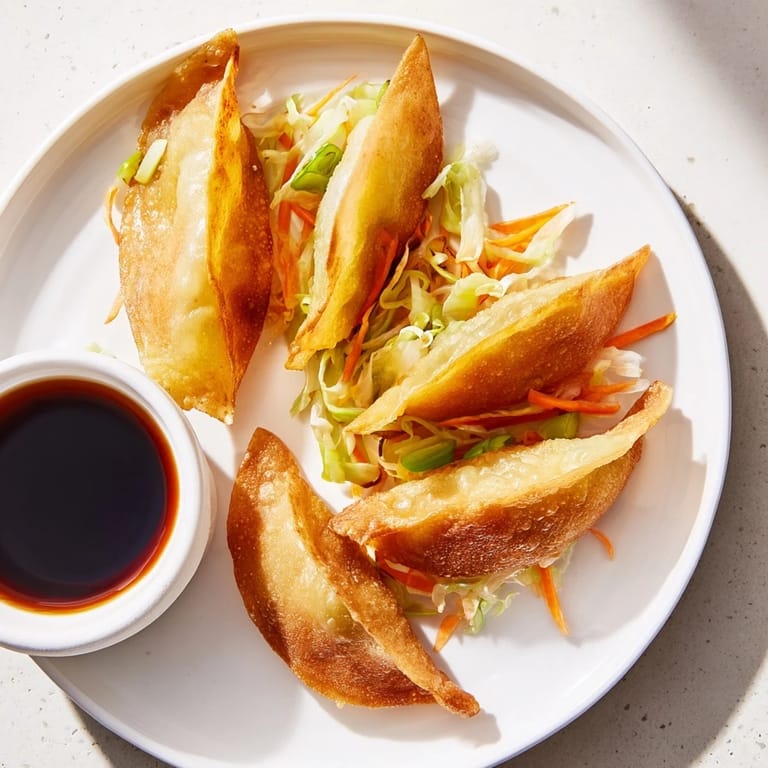 Close-up of a hand dipping a crispy rice paper dumpling into a savory sesame-soy sauce, steam rising from the freshly cooked appetizer.