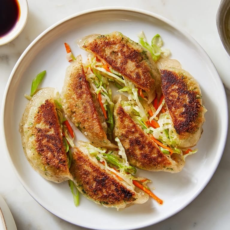 Four crispy rice paper dumplings pan-fried to perfection, showing a crunchy golden texture next to a vibrant dipping sauce with chili flakes and scallions.  