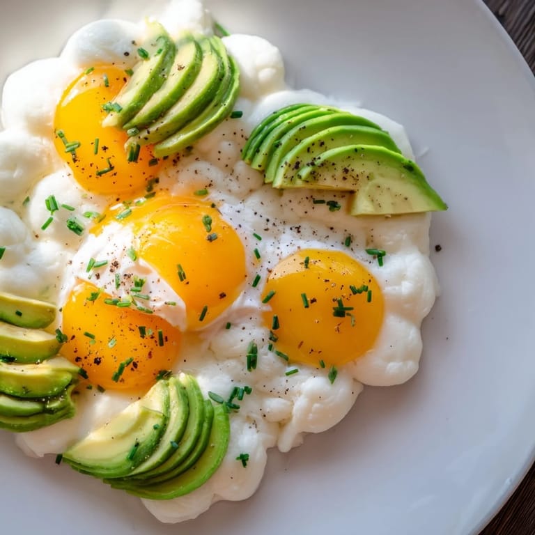 Serving Cloud Bread Breakfast Clouds with runny poached eggs, sliced avocado, and a sprinkle of red pepper flakes.