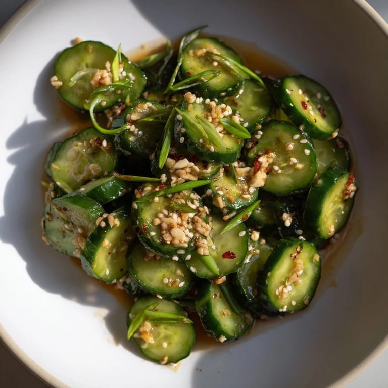 Close-up on marinated Shake Shake Garlic Cucumbers, highlighting glossy sesame oil sheen and fresh minced garlic for bold flavor.