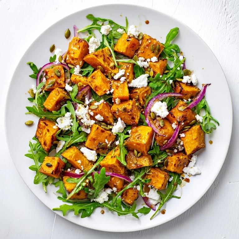 Vibrant Roasted Sweet Potato Salad featuring golden, tender sweet potatoes, creamy feta, and fresh arugula, ready to serve as a light lunch.