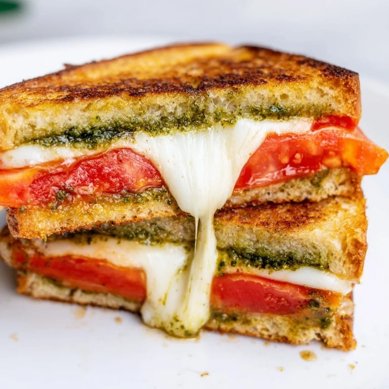 A close-up view of a Caprese Pesto Grilled Cheese sandwich, revealing layers of basil pesto and ripe tomatoes.  