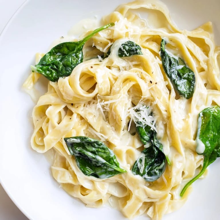 A skillet of bubbling Creamy Garlic Spinach Pasta, showing fresh spinach melting into the garlicky cream sauce next to a block of Parmesan.