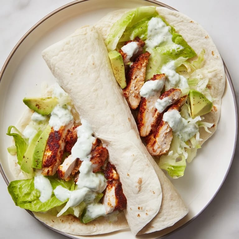 Tortilla-wrapped smoky chipotle chicken with vibrant red onion and tomato, served beside a small bowl of extra Greek yogurt sauce.