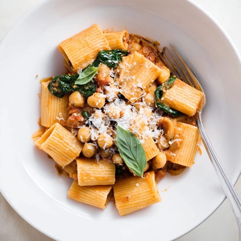 A skillet of Creamy Tuscan Chickpea Pasta with vibrant spinach and rich tomato cream sauce, ready to serve.