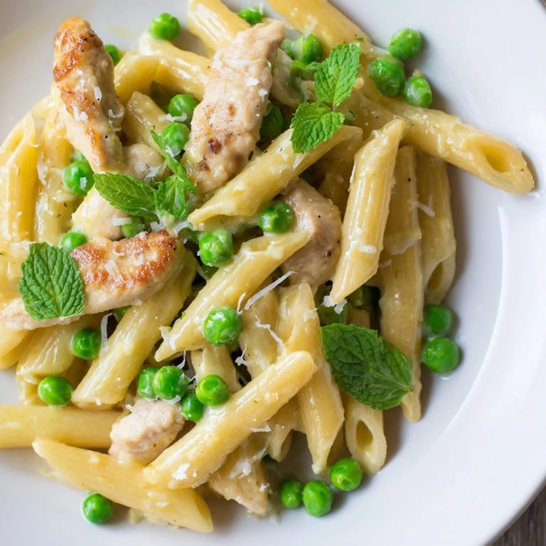 Sizzling skillet of Pea & Mint Chicken Pasta with golden chicken, vibrant green peas, and a zesty lemon sauce.
