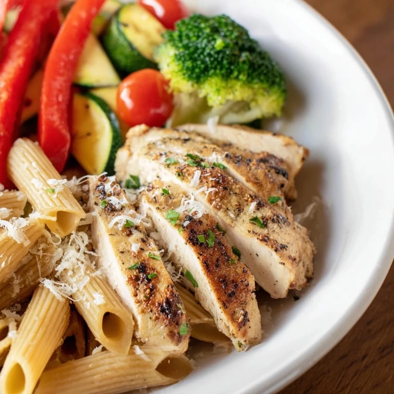 Serve Garlic Herb Chicken & Veg Pasta hot, with tender broccoli, cherry tomatoes, and red onion throughout.
