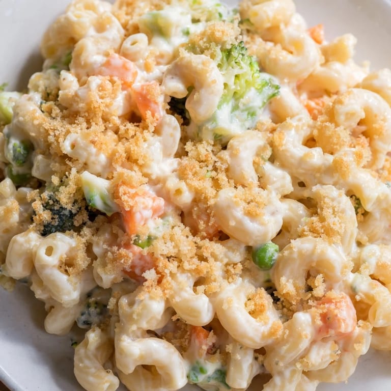 A close-up of Garden Veg Mac and Cheese with a crispy panko topping and steam rising, ready to be served.
