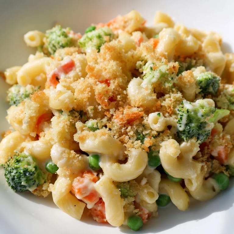 A comforting bowl of Garden Veg Mac and Cheese, showcasing vibrant orange cheese sauce coating macaroni and colorful vegetable pieces.