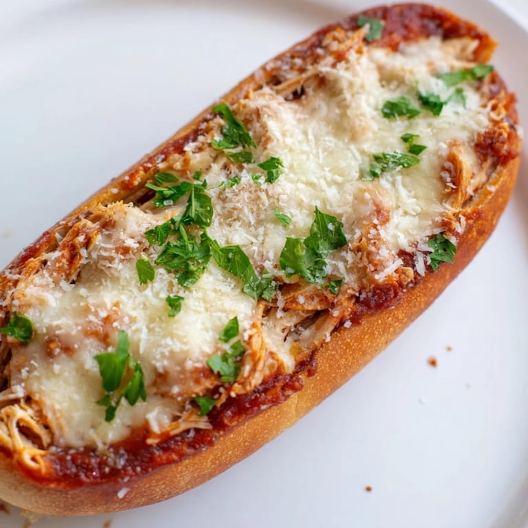 Detailed image of cheesy Chicken Parm Stuffed Garlic Bread with fresh parsley garnish and a side of zesty tomato sauce.