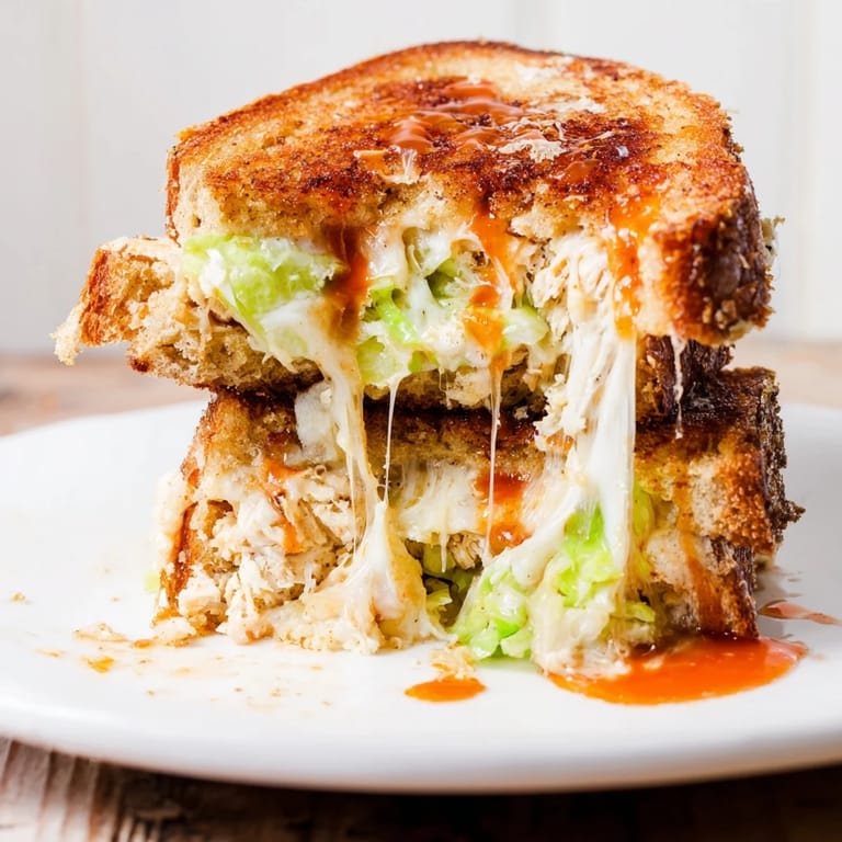 Buffalo Chicken Caesar Grilled Cheese on sourdough, paired with a crisp green salad for a hearty lunch.