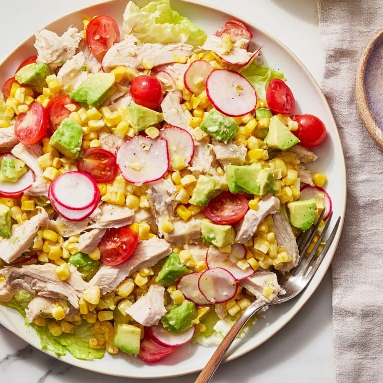 Serve this fresh Roasted Corn & Chicken Chopped Salad for a light lunch or dinner, featuring juicy chicken and crunchy vegetables.