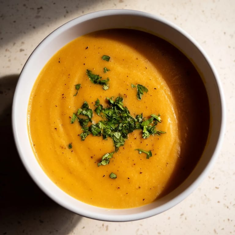 Velvety butternut squash and lentil soup simmered with warm spices, topped with parsley and ready to enjoy with crusty bread.  