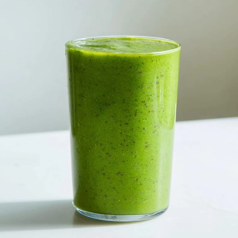Healthy Green Detox Smoothie poured into a mason jar garnished with mint, set on a sunny breakfast table with sliced apple.