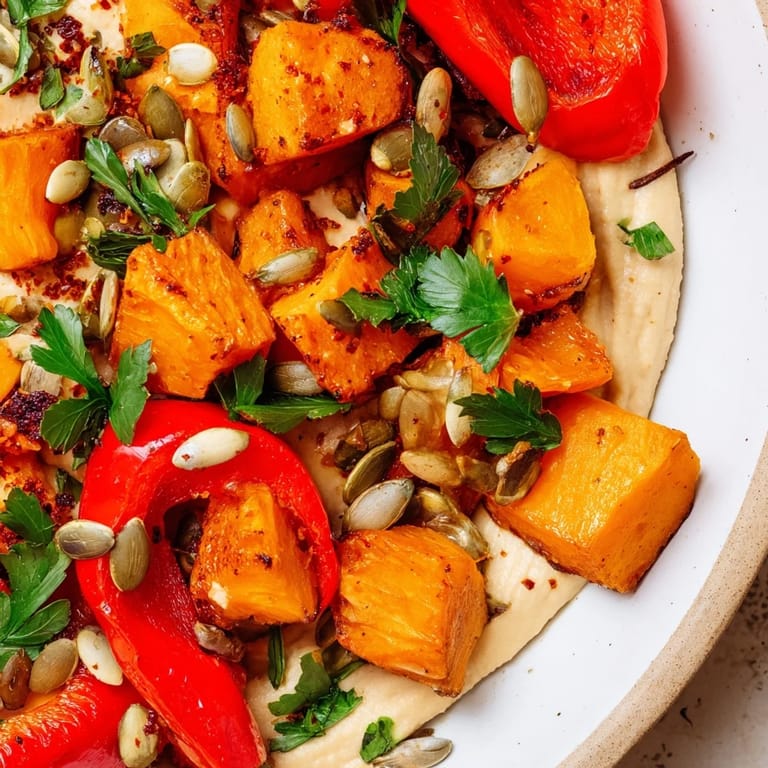 This Roast Squash and Hummus Winter Salad is a colorful main dish, featuring tender roasted veggies on a bed of creamy hummus with crunchy seeds.