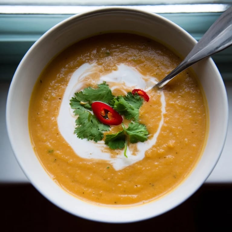 Steaming Carrot, Celeriac, and Chilli Soup served in a rustic ceramic bowl, highlighting the vibrant orange color and spices.