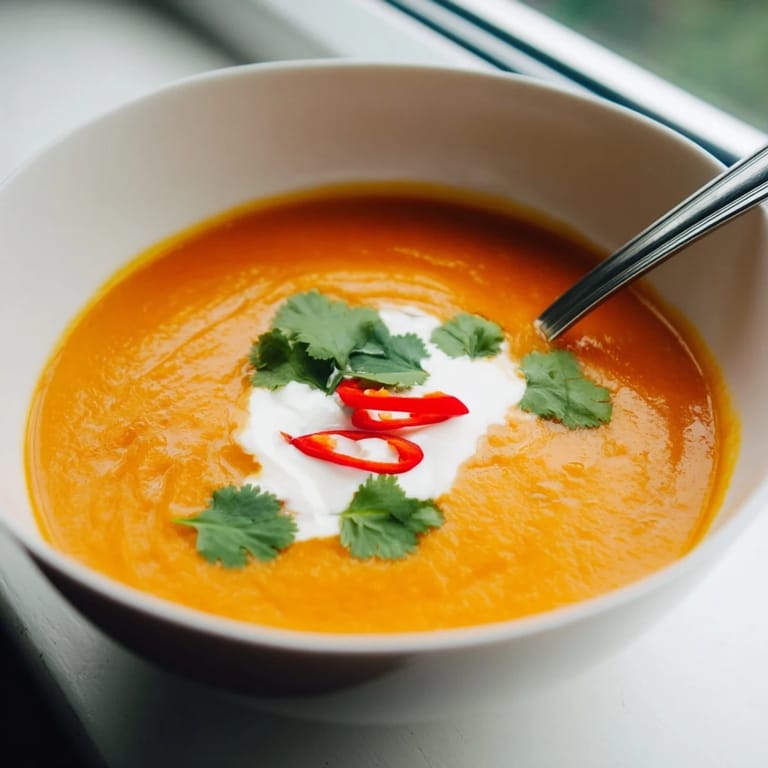 A spoon dipping into a creamy bowl of Carrot, Celeriac, and Chilli Soup, showing the smooth, spiced texture.