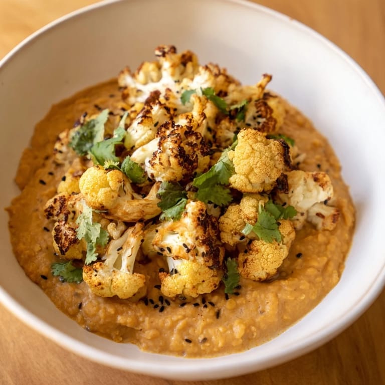 A hearty vegan dinner of spiced red lentil dhal served with crispy roasted cauliflower and lemon wedges.