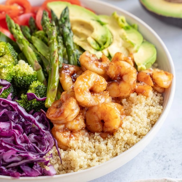 The vibrant Detox Buddha Bowl features golden shrimp, tender quinoa, and colorful vegetables drizzled with tangy balsamic dressing.  