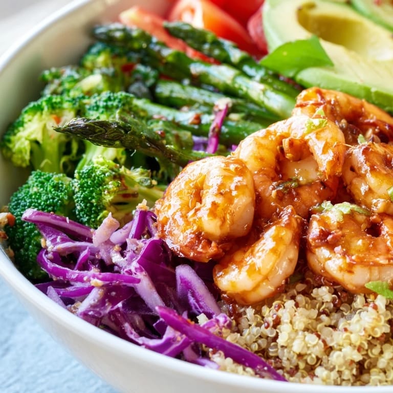 Serving this nutrient-packed Detox Buddha Bowl with succulent shrimp, crunchy broccoli, and ripe avocado makes a satisfying gluten-free meal.