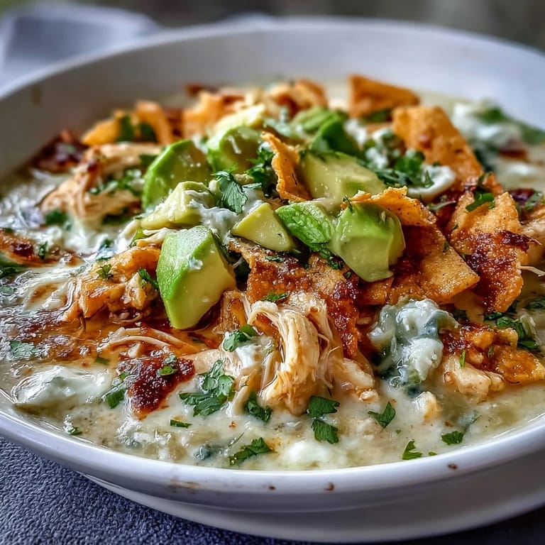 Rich and creamy Tex-Mex Chicken Tortilla Soup served hot with avocado chunks and crispy tortilla chips.