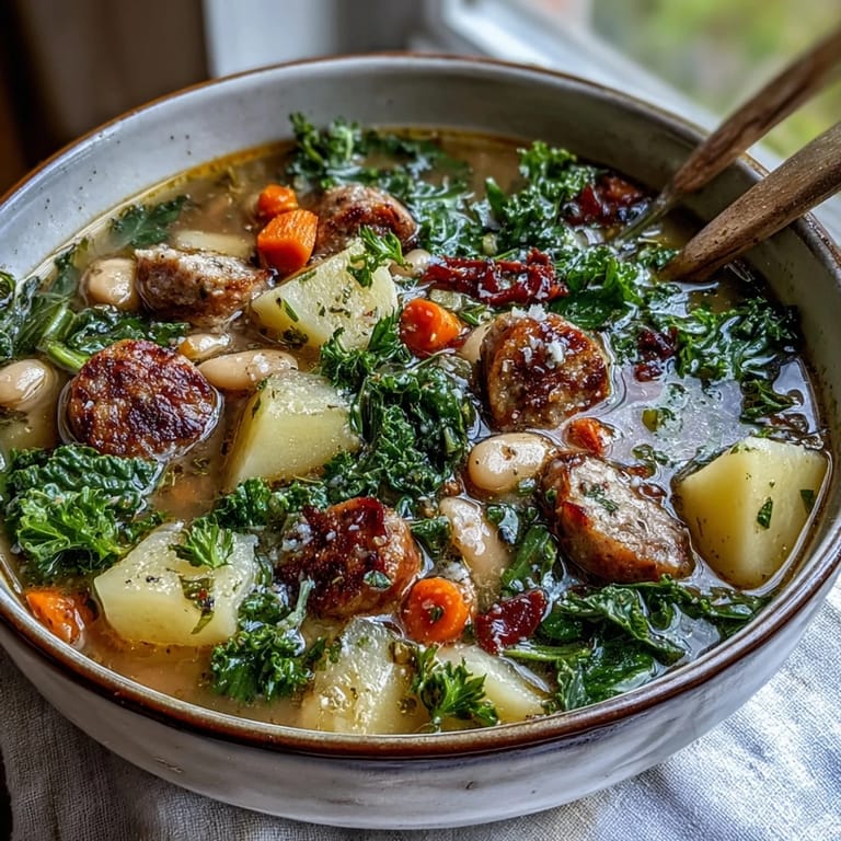 A close-up of Tuscan White Bean Sausage Soup showing vibrant diced carrots, celery, and potatoes simmered in a rich golden chicken broth with aromatic herbs.